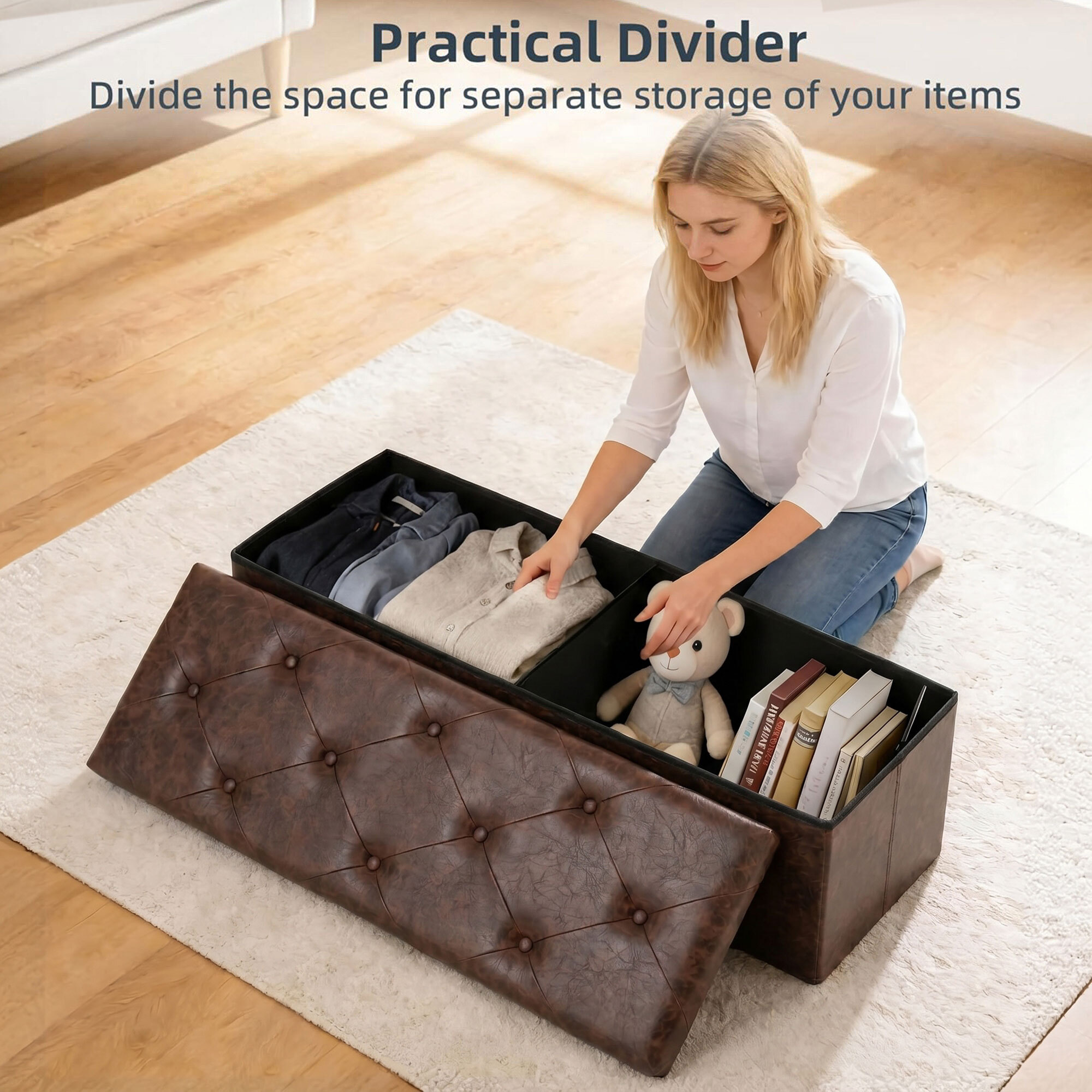 Nemora Saddle 110 - Cassapanca Ottomana 109,2x38,1x38,1 cm Pouf Contenitore Poggiapiedi in Similpelle Marrone