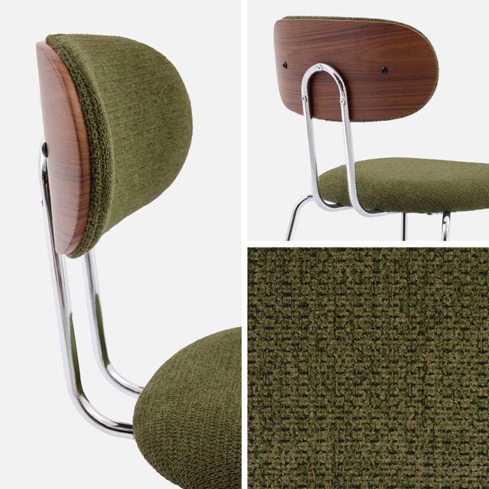 2 chaises décor bois courbé teinté noyer et tissu déperlant kaki. pieds métal chromé - L 45 x P 55 x H 80cm - Erin