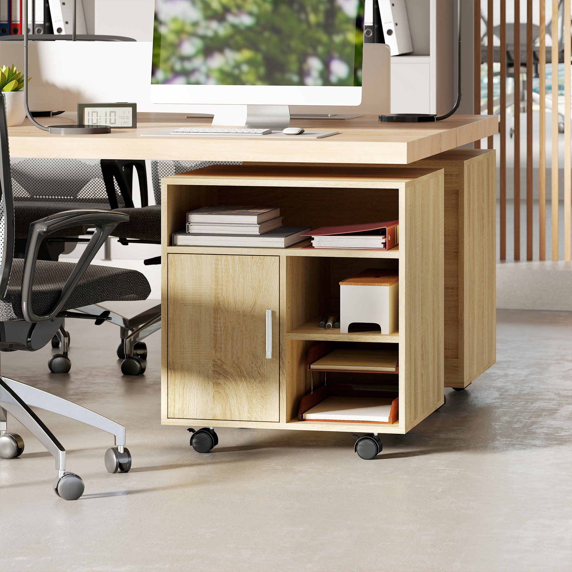 Support d'imprimante organiseur bureau caisson porte 3 niches grand plateau naturel