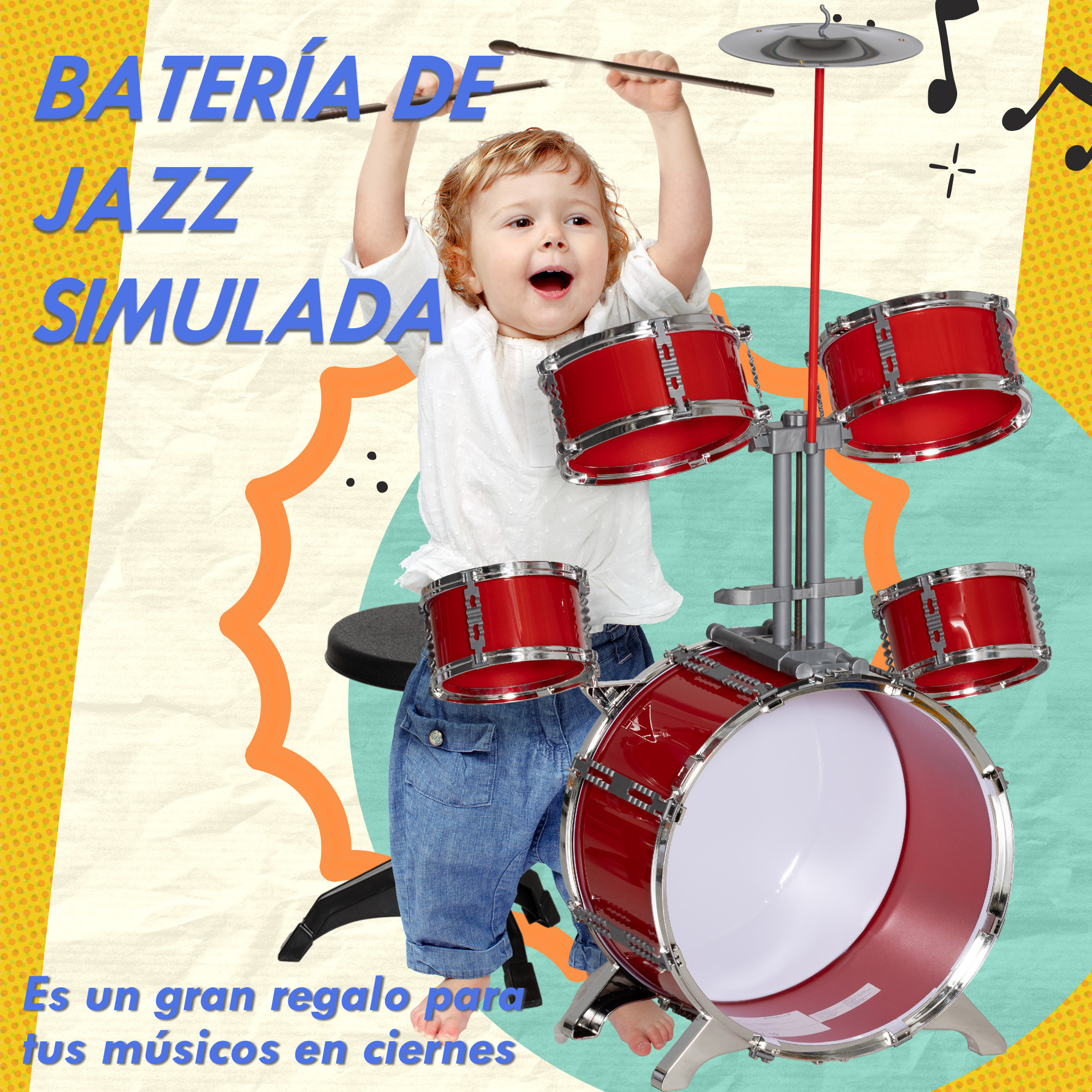 Batería Infantil con Taburete Batería para Niños de +3 Años con Tambores Bombo Platillo Pedal y Baquetas 68,5x37x84 cm Rojo