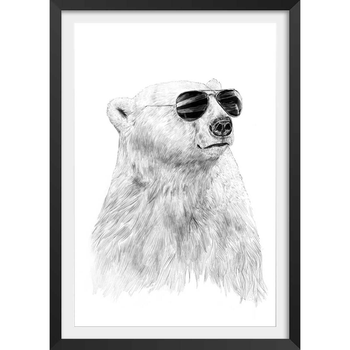 Affiche enfant ours polaire et lunette  Affiche + cadre en bois - Noir