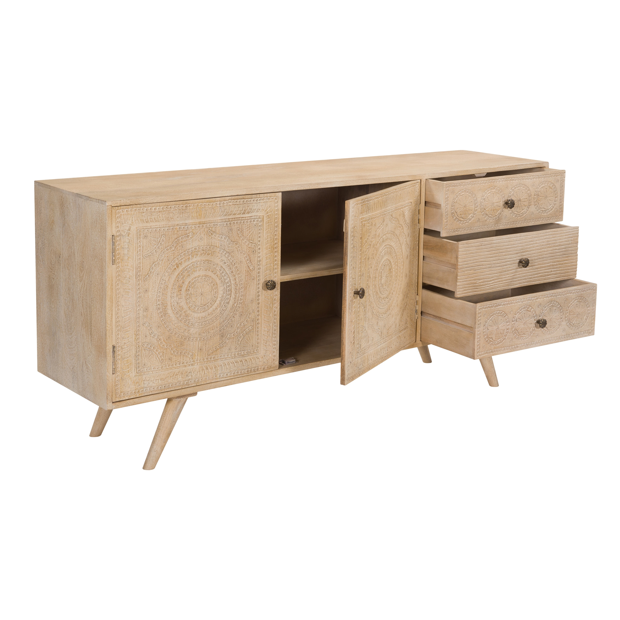 Buffet en bois gravé 2 portes 3 tiroirs - Tiya