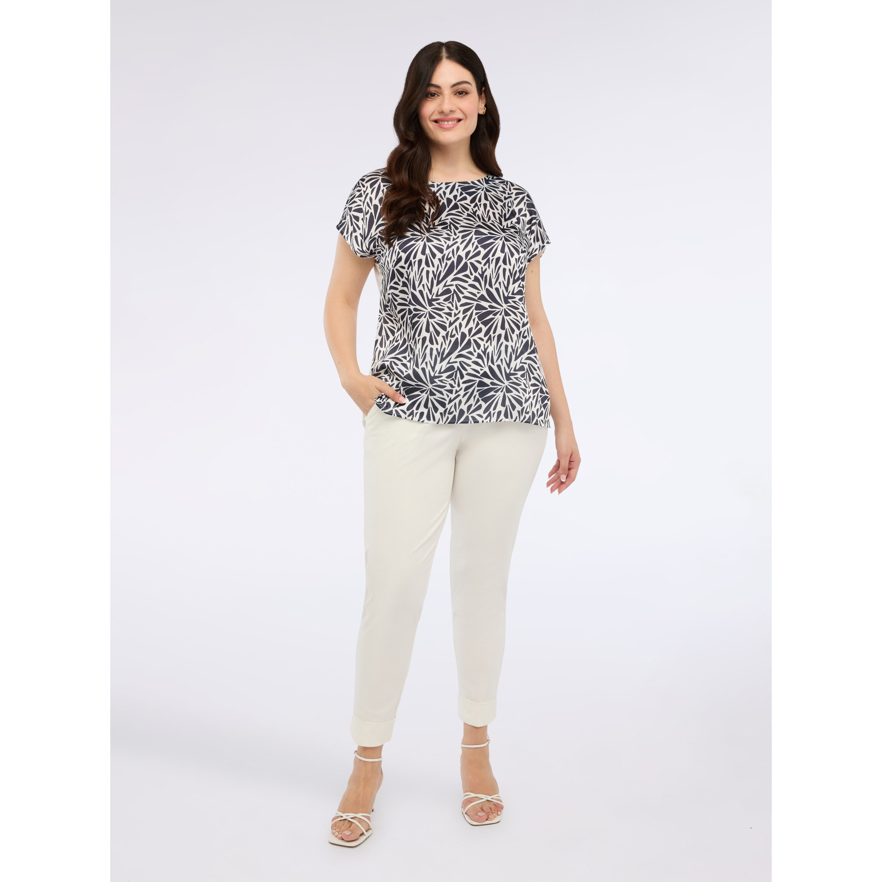 Fiorella Rubino - T-shirt bimaterica con stampa floliage - Blu