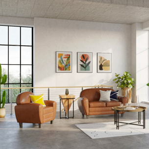 Fauteuil camel en croute de cuir enduite - Club