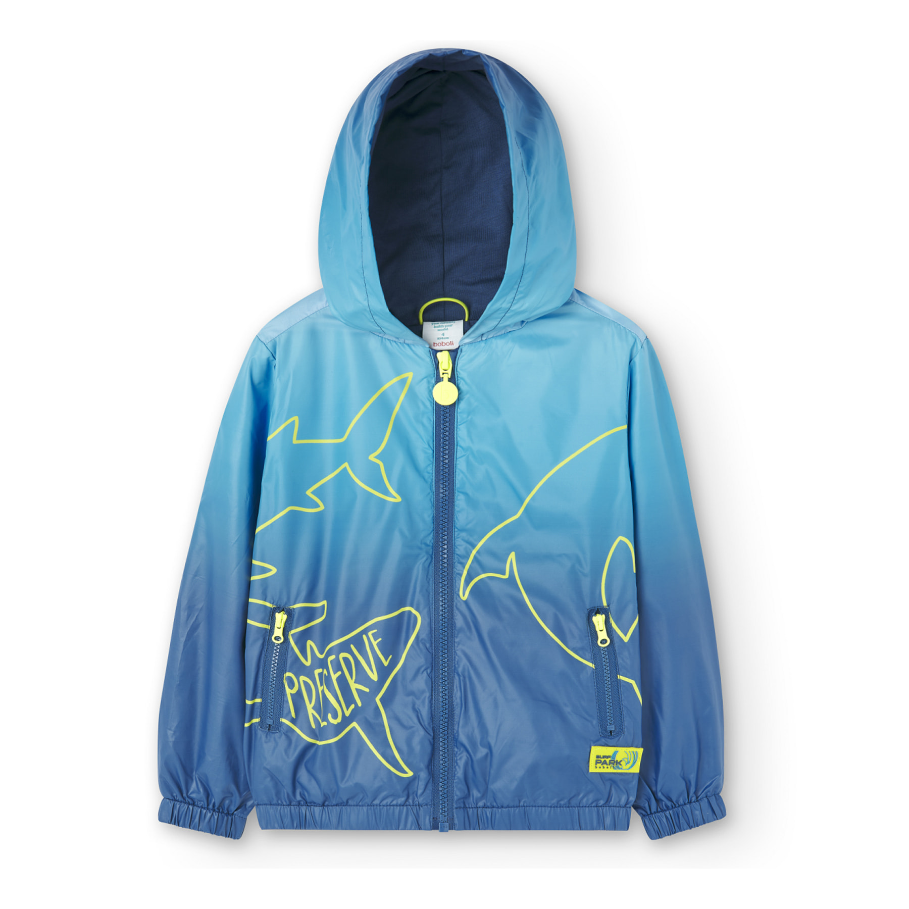 Parka tÃ©cnica niÃ±o, estampado, capucha forrada, azul Ã­ndigo