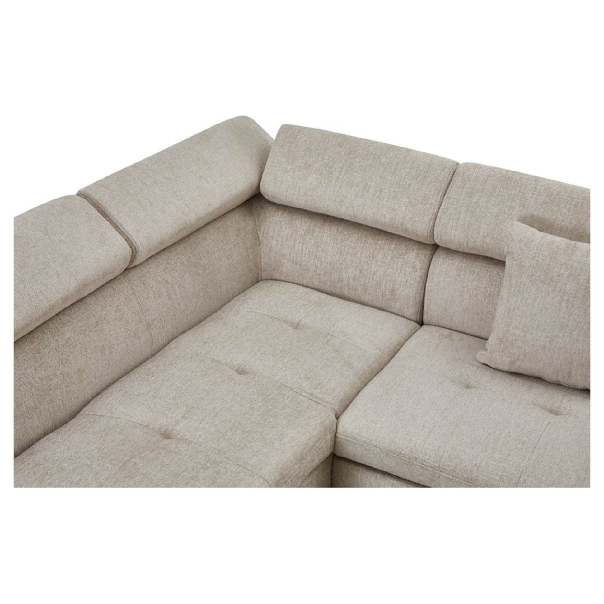 Margaux - Canapé d'angle gauche 5 places convertible avec coffre et têtières réglables en velours texturé - Beige