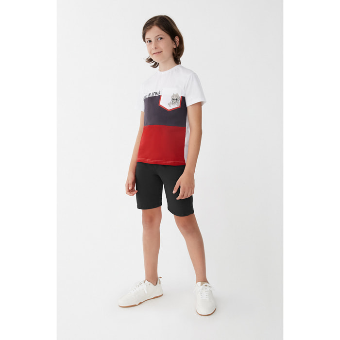 Camiseta Niño Manga Corta, Diseño Color Gris Marengo y Rojo, Bolsillo de Pecho Estampado, 100 % Algodón, Cuello Redondo | Color: Gris marengo | Street Monkey