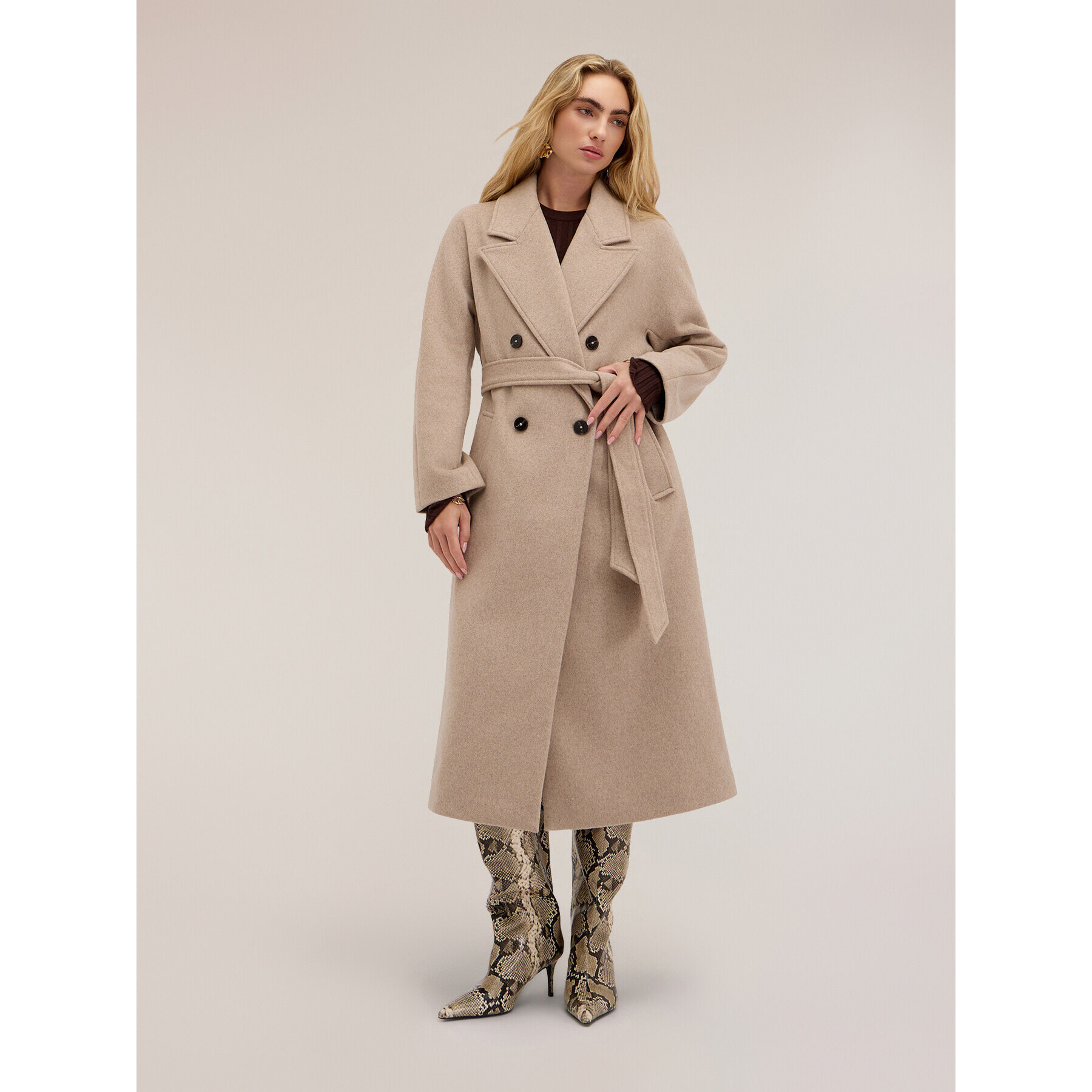 Motivi - Cappotto cinturato in drap misto lana - Beige