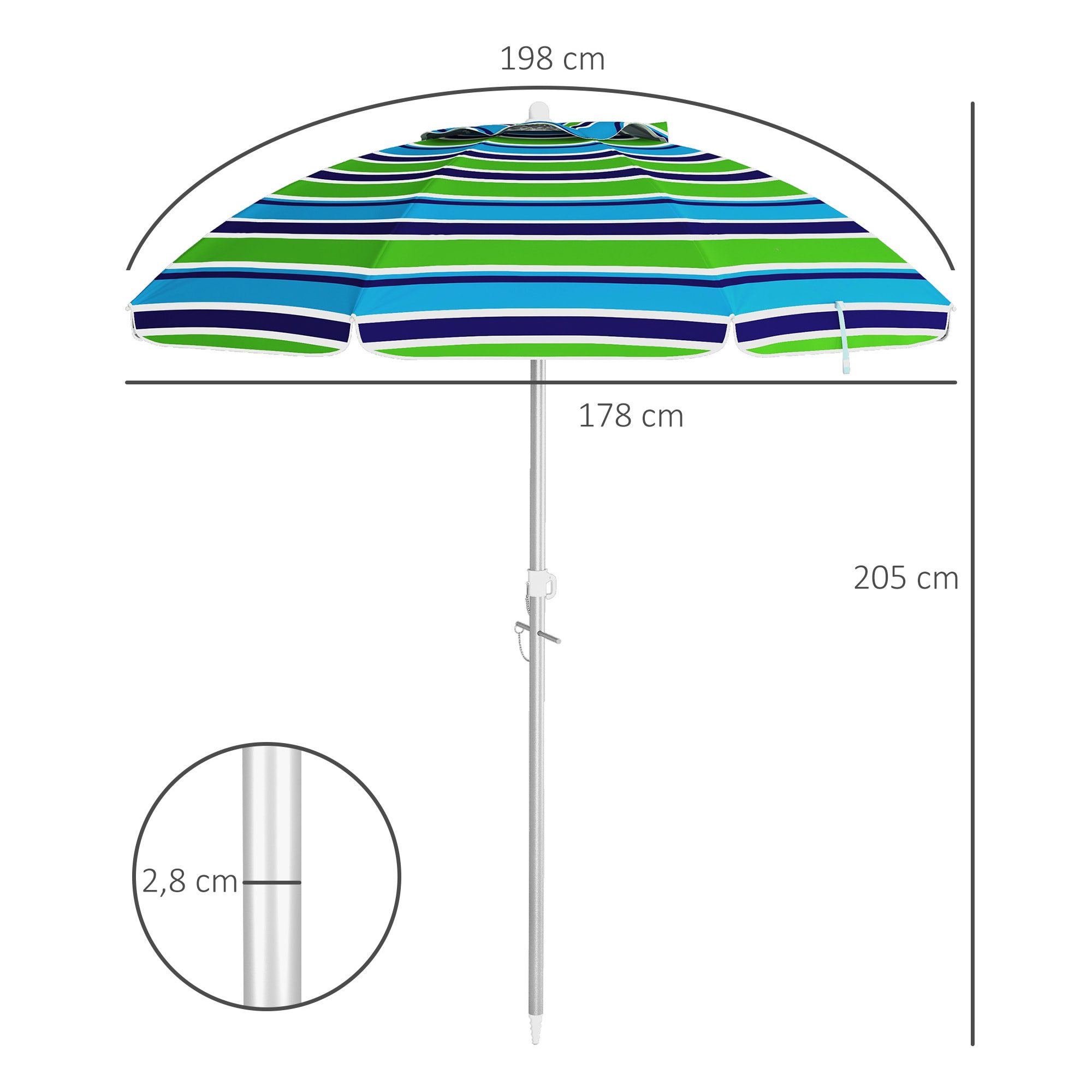 Sombrilla de Playa Ø178x205 cm Parasol para Terraza con Reclinación 45° Altura Ajustable Apertura Manual Anti-UV Impermeable y Bolsa de Transporte para Jardín Piscina Multicolor