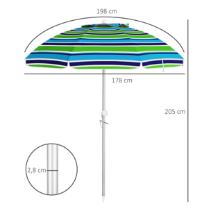 Sombrilla de Playa Ø178x205 cm Parasol para Terraza con Reclinación 45° Altura Ajustable Apertura Manual Anti-UV Impermeable y Bolsa de Transporte para Jardín Piscina Multicolor