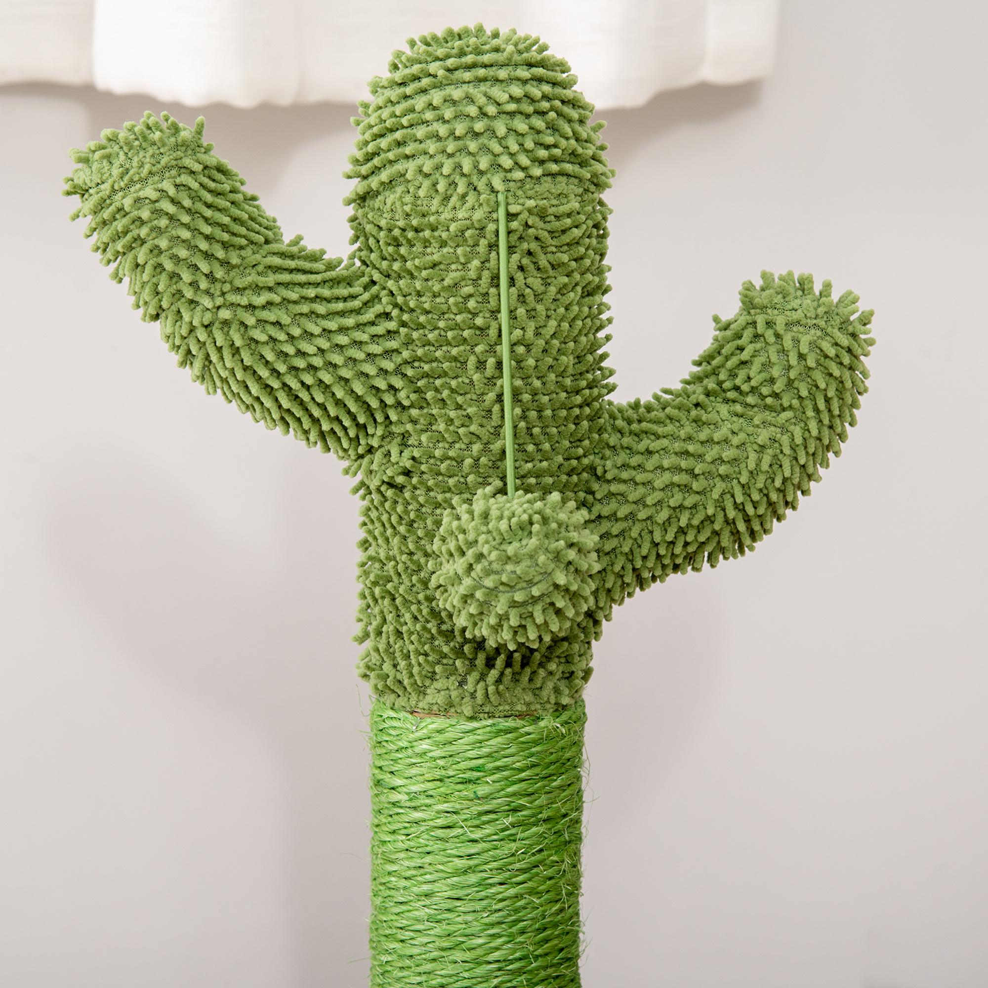 Griffoir chat design cactus - jouet pompon suspendu, jouet boules - bois de pin sisal vert