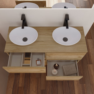 Ensemble Salle de Bain Kaji | Meuble Suspendu | 140 cm Teck | 4 Tiroirs | Lavabo sur Plan | N'inclut pas Miroir | Alday