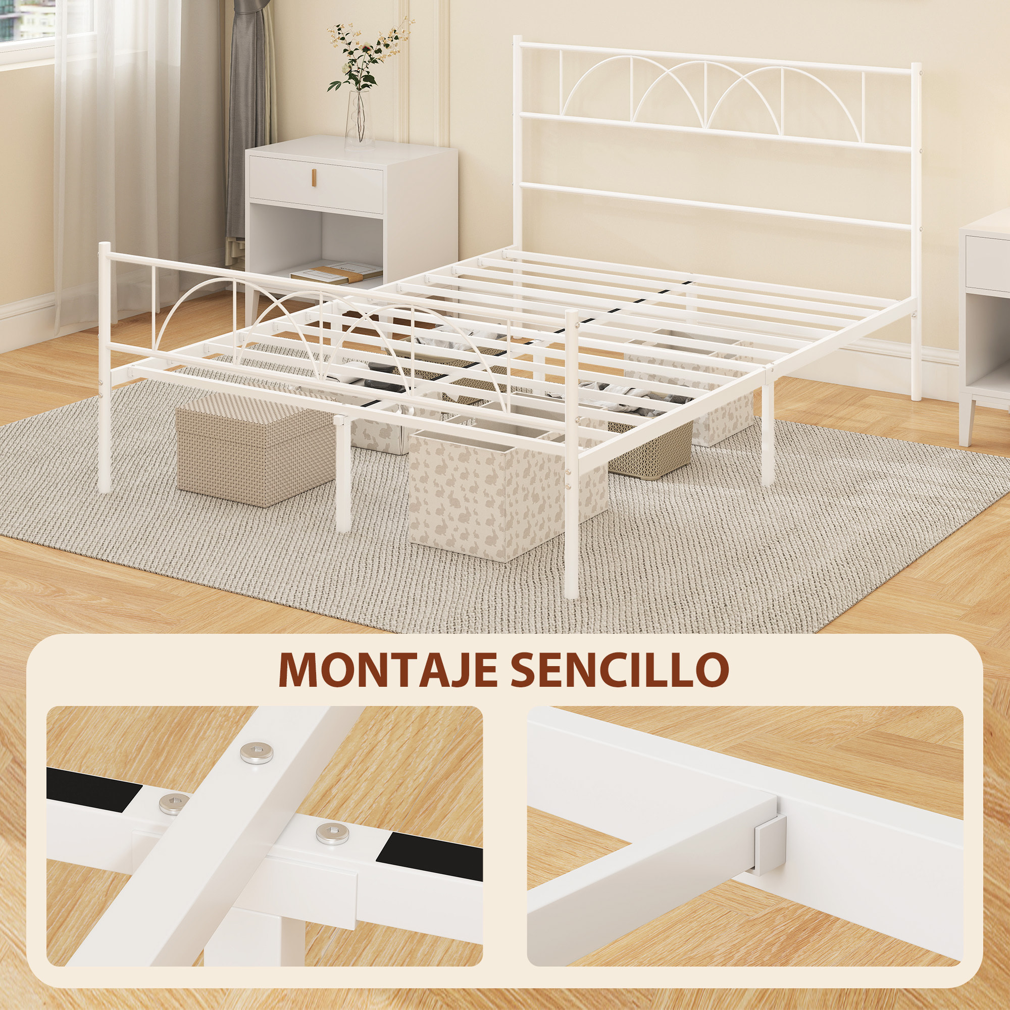 Cama Matrimonio, 140x190 cm, Estructura de Cama de Acero con Cabecero, Soporte de Listones de Acero, Espacio de Almacenamiento Debajo, Blanco
