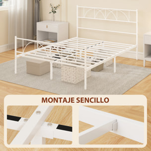 Cama Matrimonio, 140x190 cm, Estructura de Cama de Acero con Cabecero, Soporte de Listones de Acero, Espacio de Almacenamiento Debajo, Blanco