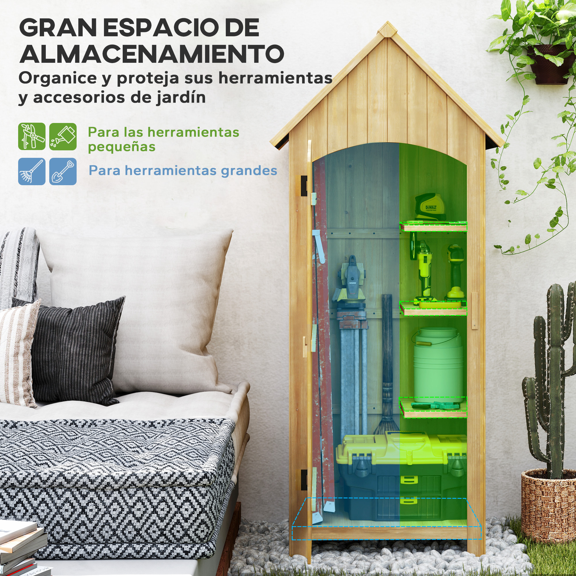 Caseta Jardín Exterior de Madera 77,5x54,2x179,5 cm 0,3 m² Cobertizo Jardín Exterior Armario para Almacenaje de Herramientas con 3 Estantes y 2 Puertas con Cerrojo para Patio Terraza Natural