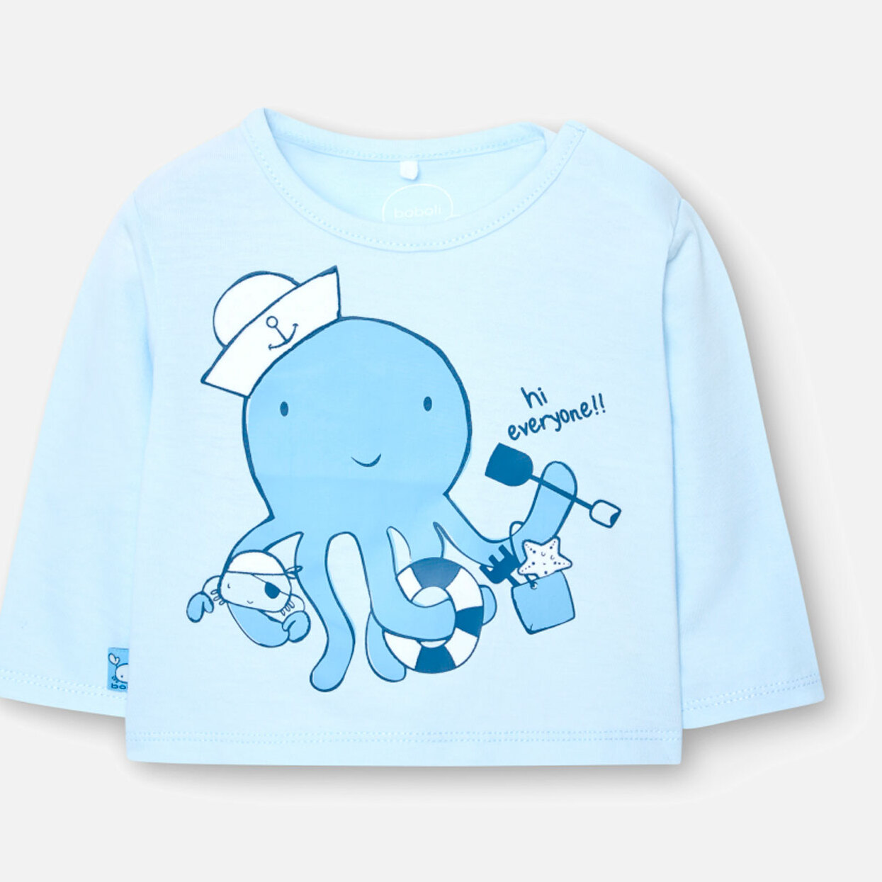 Camiseta bebÃ© niÃ±o, algodÃ³n, estampado, mangas largas, azul