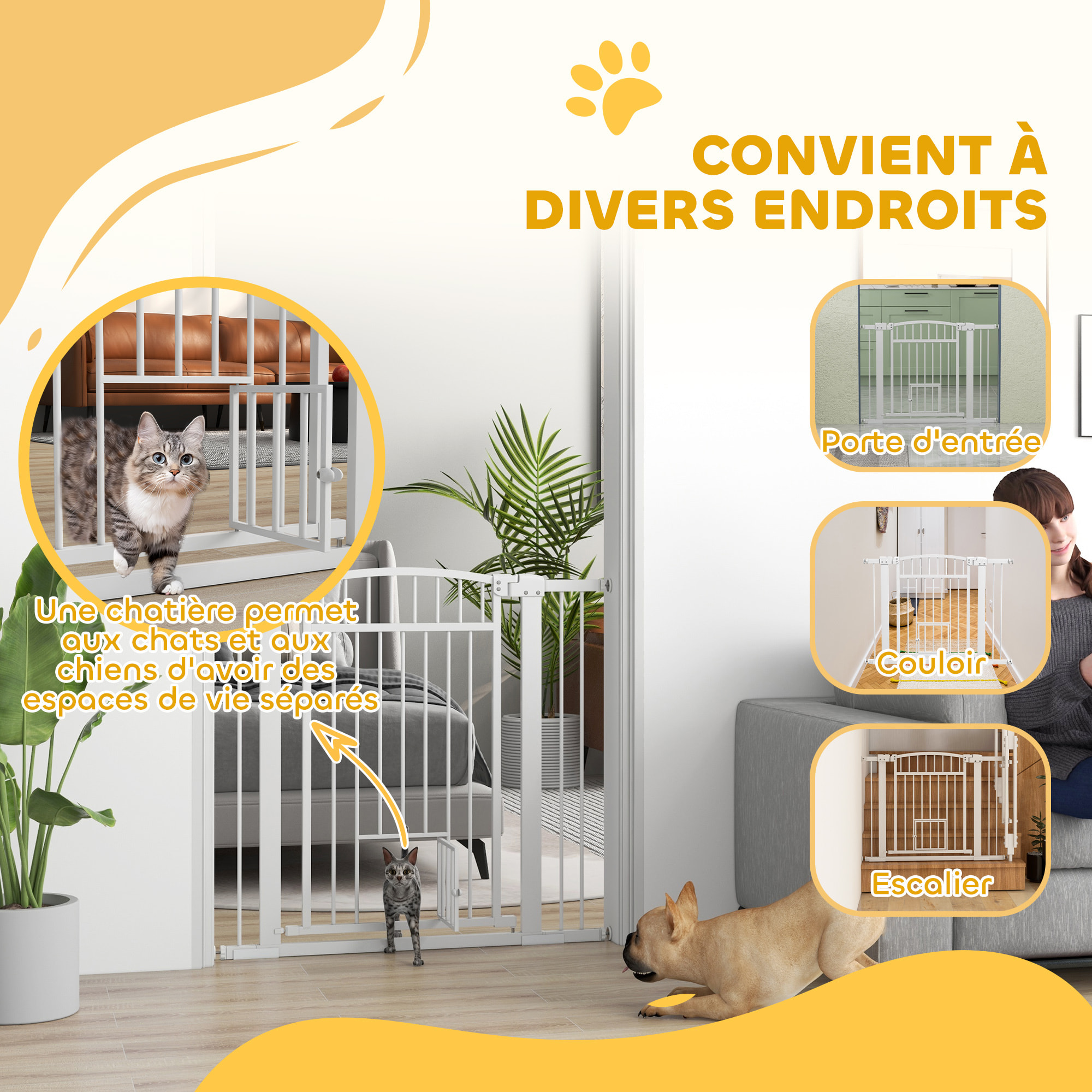 Barrière de sécurité pour chien - barrière à pression ajustable - 2 portes verrouillables - acier blanc