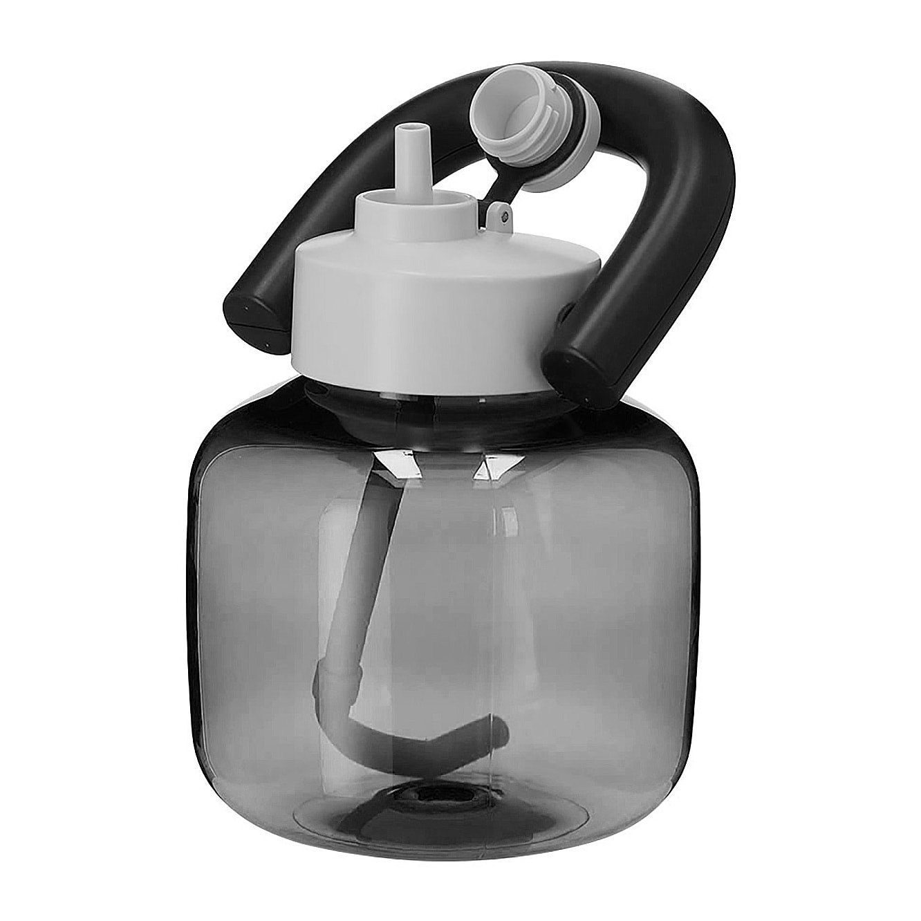 Bidón en resistente RPET con 1,8 L de capacidad. Con original forma de kettlebell. Incluye de cierre a rosca, pajita y firme asa de transporte. Libre de BPA.