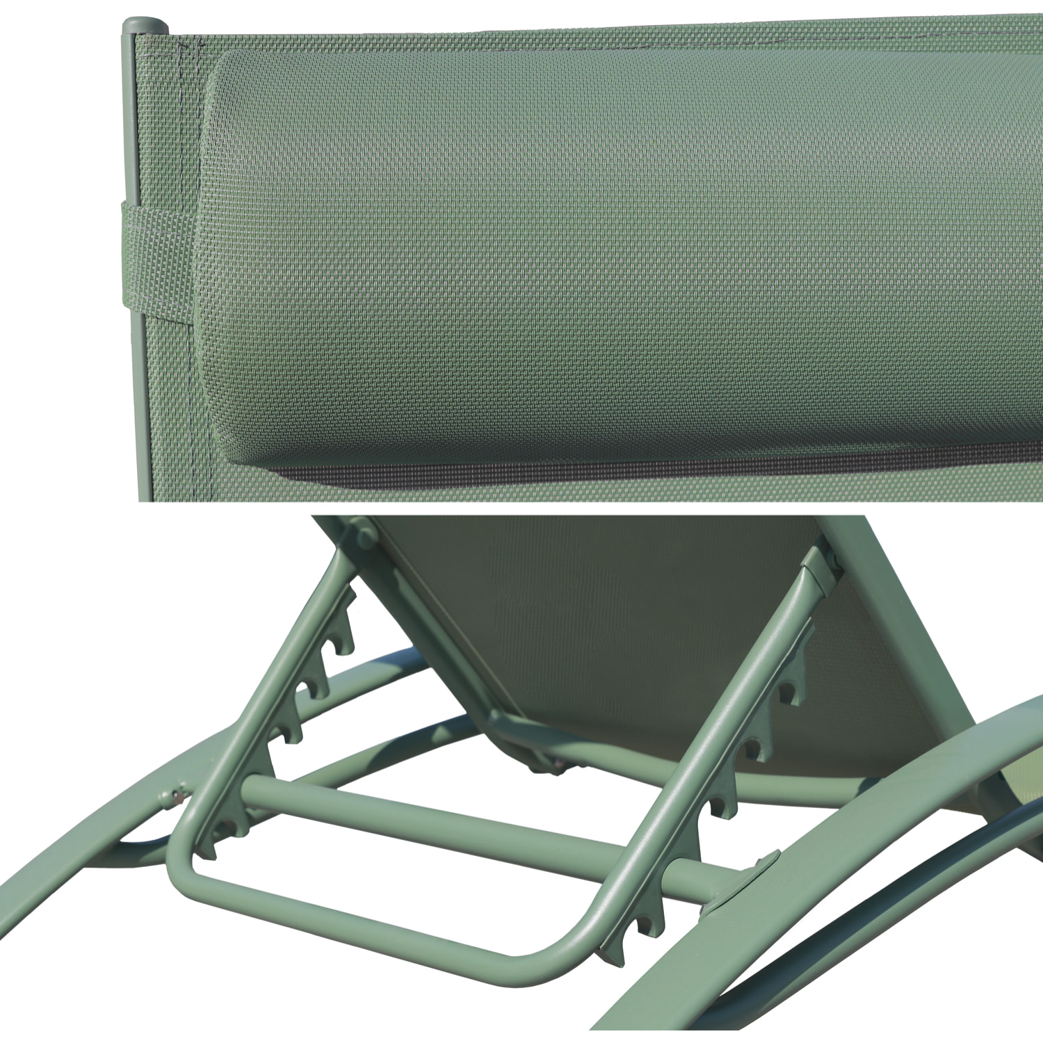 Lot de 2 transats GALAPAGOS en textilène vert sauge - aluminium vert sauge