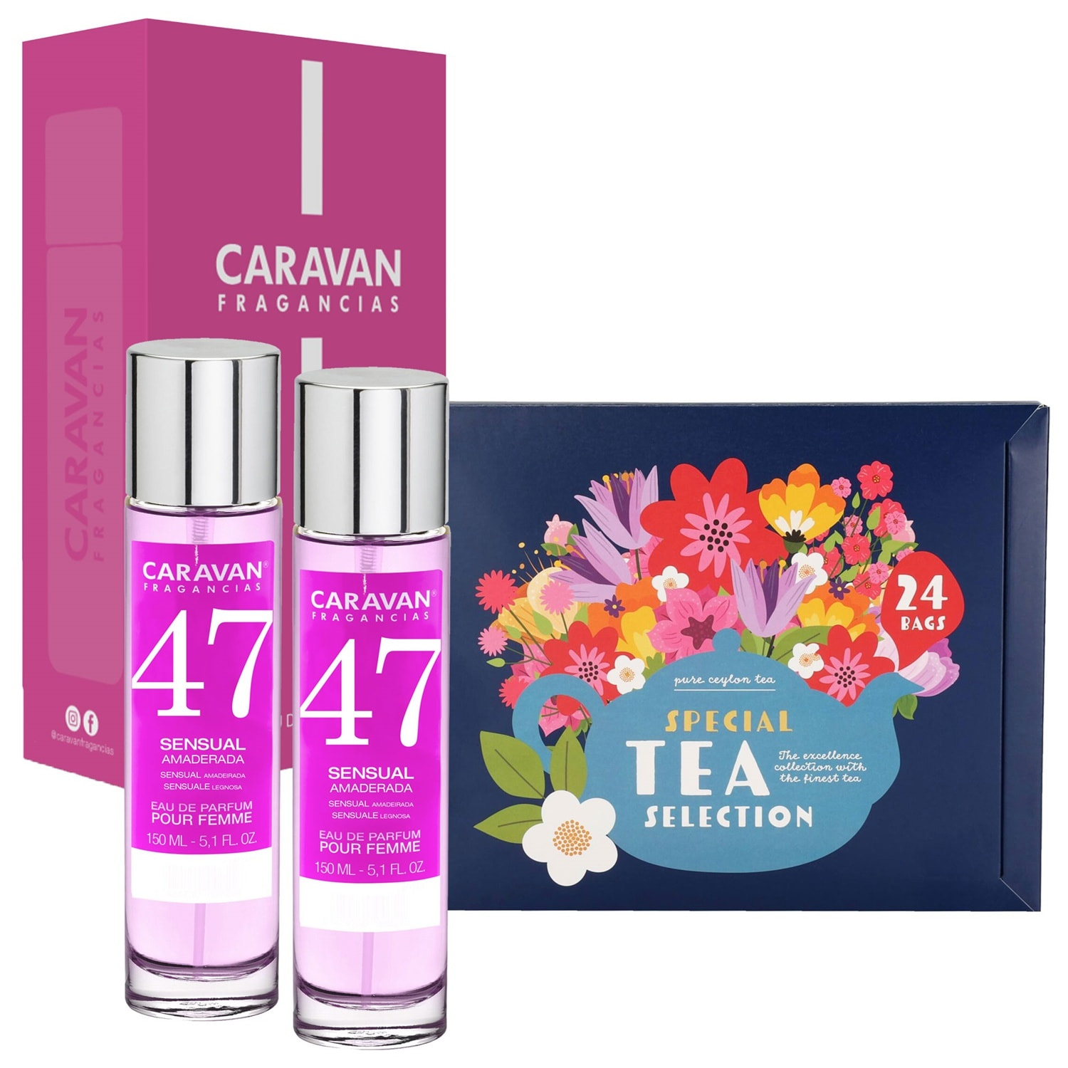 Caravan set de 2 fragancias de mujer nº47+ caja regalo caravan + selección especial de té con 24 bolsitas