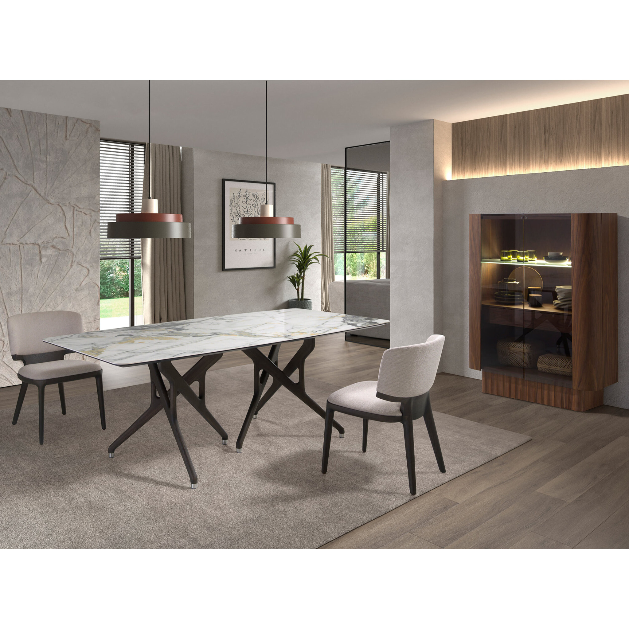 Aparador alto de madera chapada en nogal natural Iluminación interior 100x50x150cm