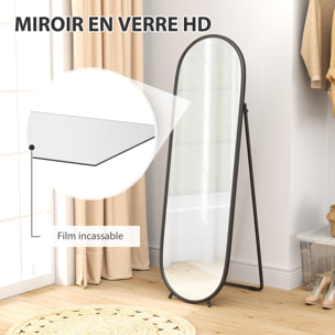 Grand miroir sur pied - miroir mural ovale avec support - dim. 40L x 160H cm - métal noir