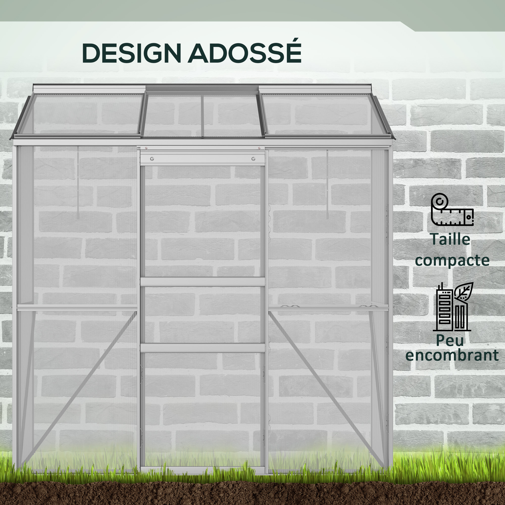 Serre adossée de jardin - 2 lucarnes, 2 portes coulissantes - 190 x 70 x 200 cm - alu polycarbonate transparent