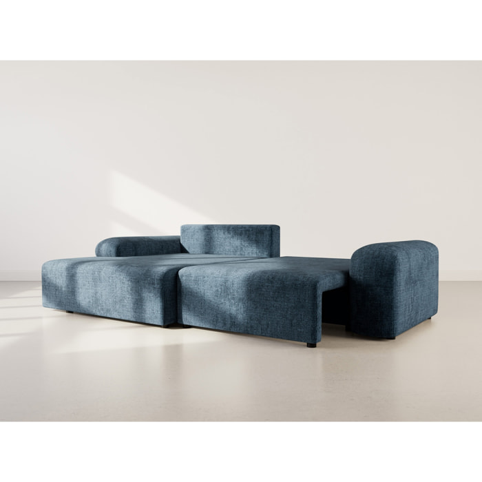 Rebecca - canapé d'angle gauche 4 places convertible avec coffre en velours texturé - Bleu