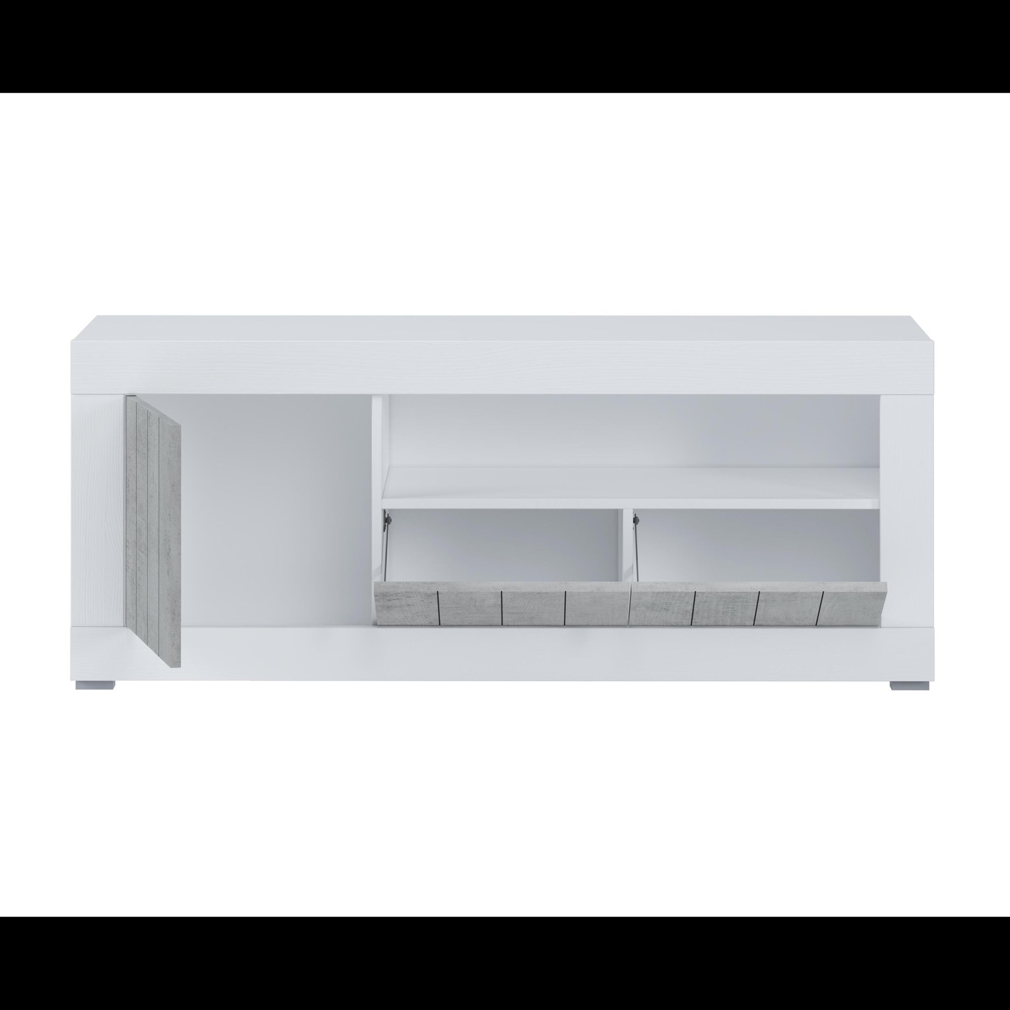 Mobile TV Basso In Melaminico Con Anta Laterale E A Ribalta Vano Giorno Ripiani Interni Soggiorno Salotto 136.9x41.8x56 Cm Bianco Grigio Cemento