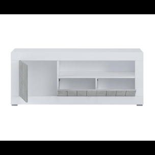 Mobile TV Basso In Melaminico Con Anta Laterale E A Ribalta Vano Giorno Ripiani Interni Soggiorno Salotto 136.9x41.8x56 Cm Bianco Grigio Cemento