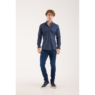 Camicia Uomo 1 Bottoni Button Down Slim Popeline Stretch Unito Blu
