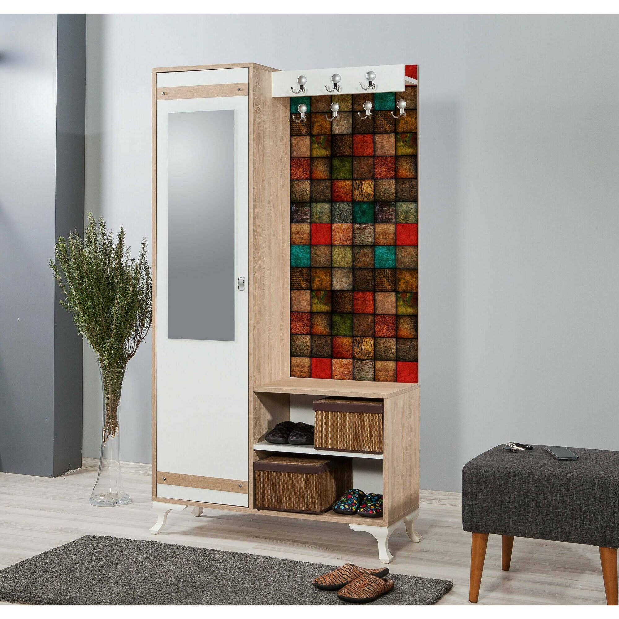 Mobile da ingresso Sugilite, Entratina appendiabiti, Composizione per atrio, Consolle portaoggetti multifunzione, 100x36h190 cm, Quercia e Multicolore