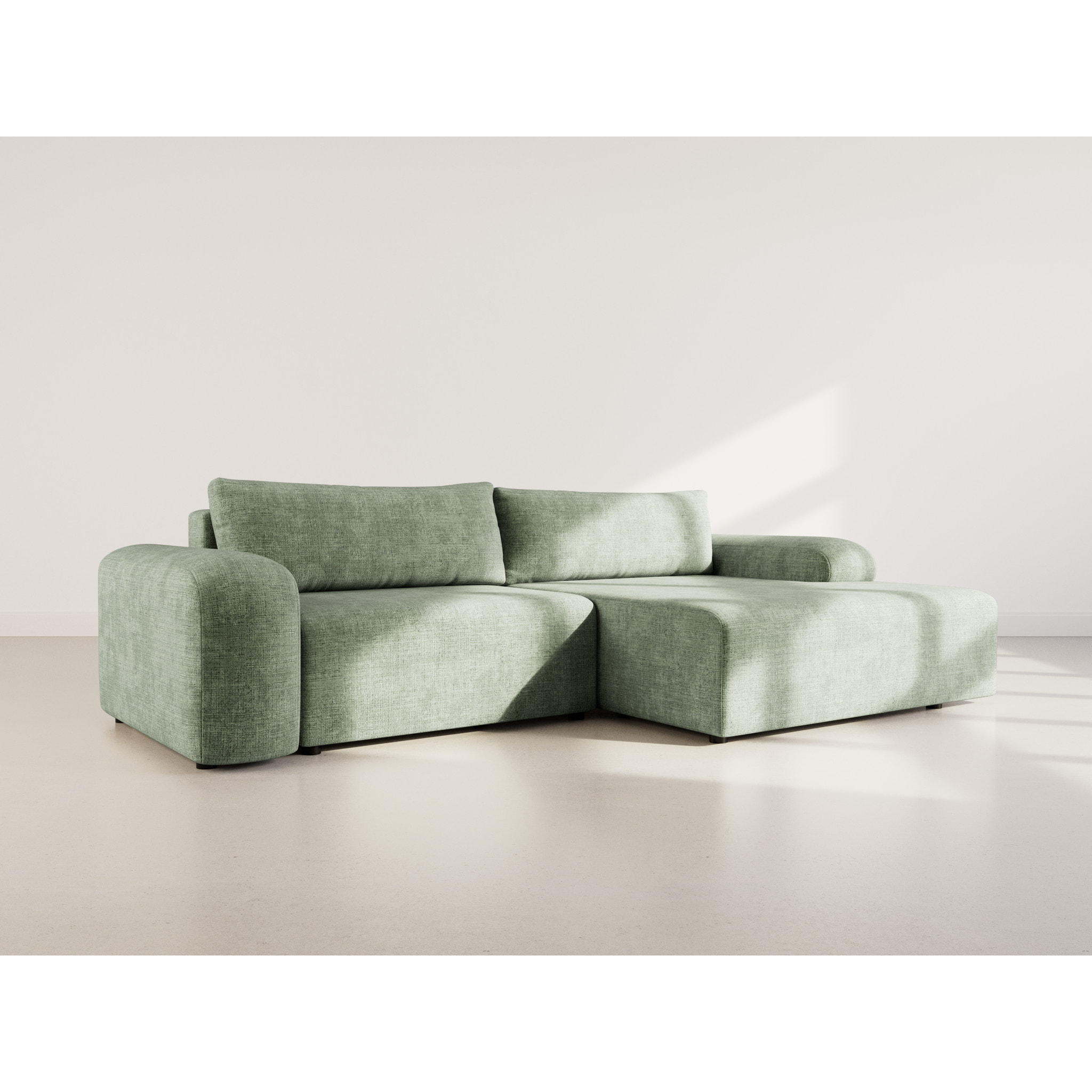 Rebecca - canapé d'angle droit 4 places convertible avec coffre en velours texturé - Vert sauge