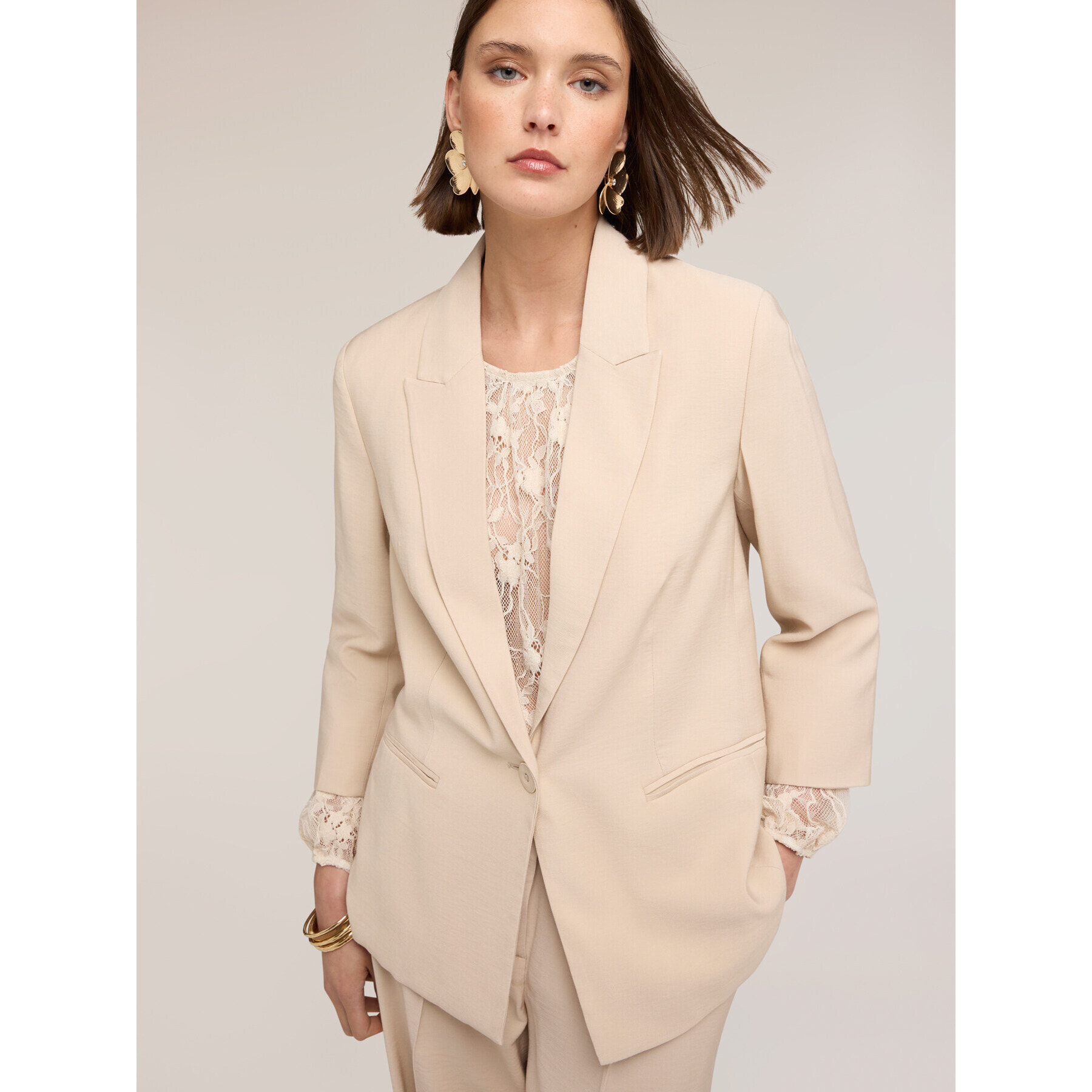 Motivi - Blazer monopetto in tencel con pizzo - Beige