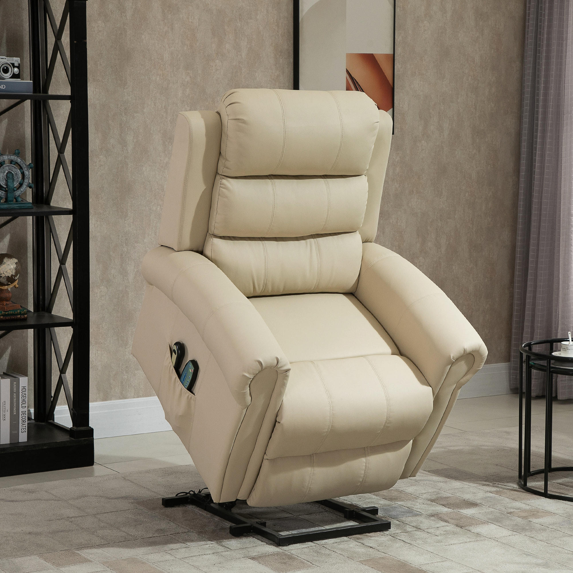 Sillón Relax Reclinable Eléctrico Levanta Personas, con Masaje Vibratorio y Calor, Sillón Elevador, con Control Remoto, Reposapiés, Tapizado en PU, Bolsillos Laterales, Crema