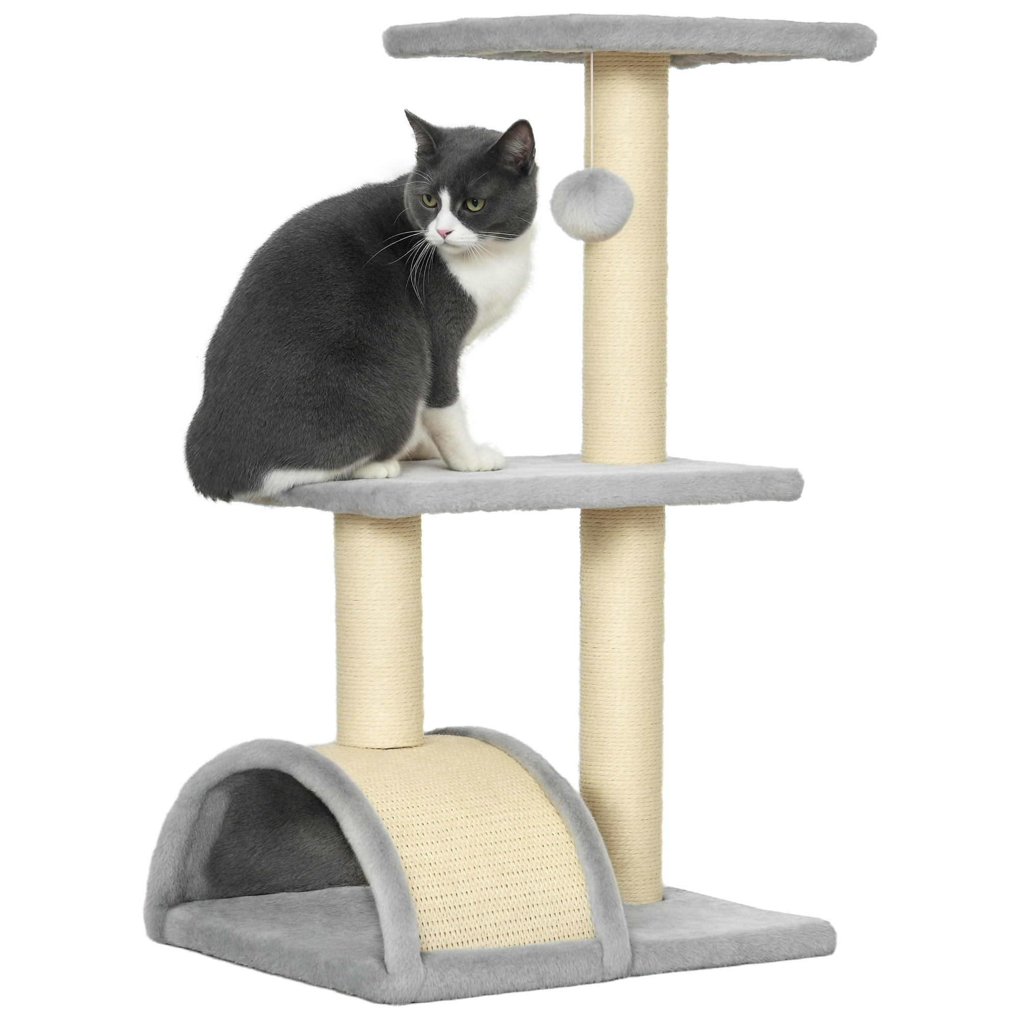 Árbol Rascador para Gatos Mediano, Árbol para Gatos de 3 Niveles con Alfombra Rascadora en Arco, 2 Plataformas, Postes de Sisal y Bola Colgante, Gris Claro