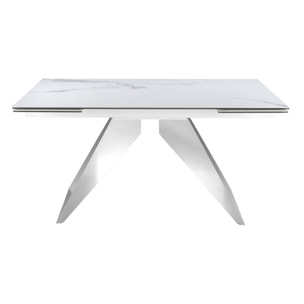 Mesa comedor extensible rectangular con tapa de mármol porcelánico blanco con vetas en gris en acabado brillo 160x90x76cm