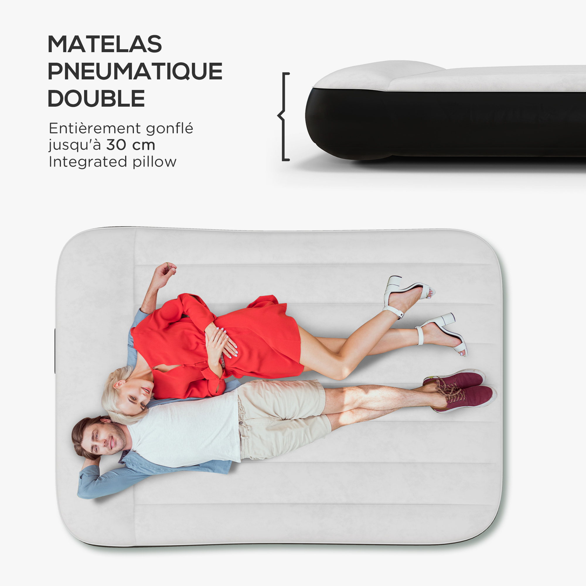 Matelas gonflable 2 places gonfleur électrique intégré sac PVC noir surface floquée gris clair