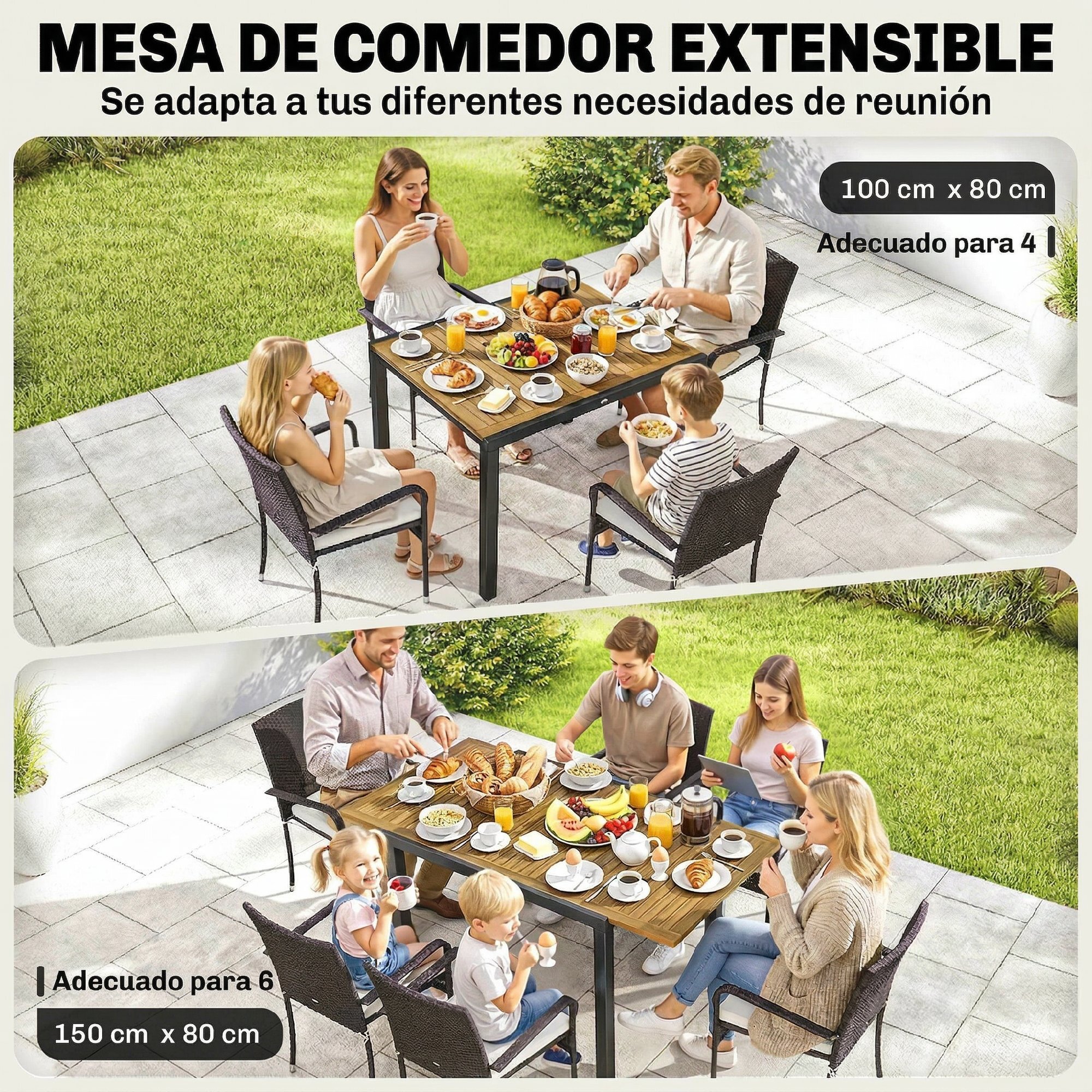 Conjunto de Mesa y Sillas Jardín de Ratán de 7 Piezas, Muebles Jardín Exterior con Mesa Extensible Tablero Madera y 6 Sillas Apilables con Cojines Extraíbles, Marco de Acero Resistente, Crema