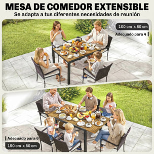 Conjunto de Mesa y Sillas Jardín de Ratán de 7 Piezas, Muebles Jardín Exterior con Mesa Extensible Tablero Madera y 6 Sillas Apilables con Cojines Extraíbles, Marco de Acero Resistente, Crema