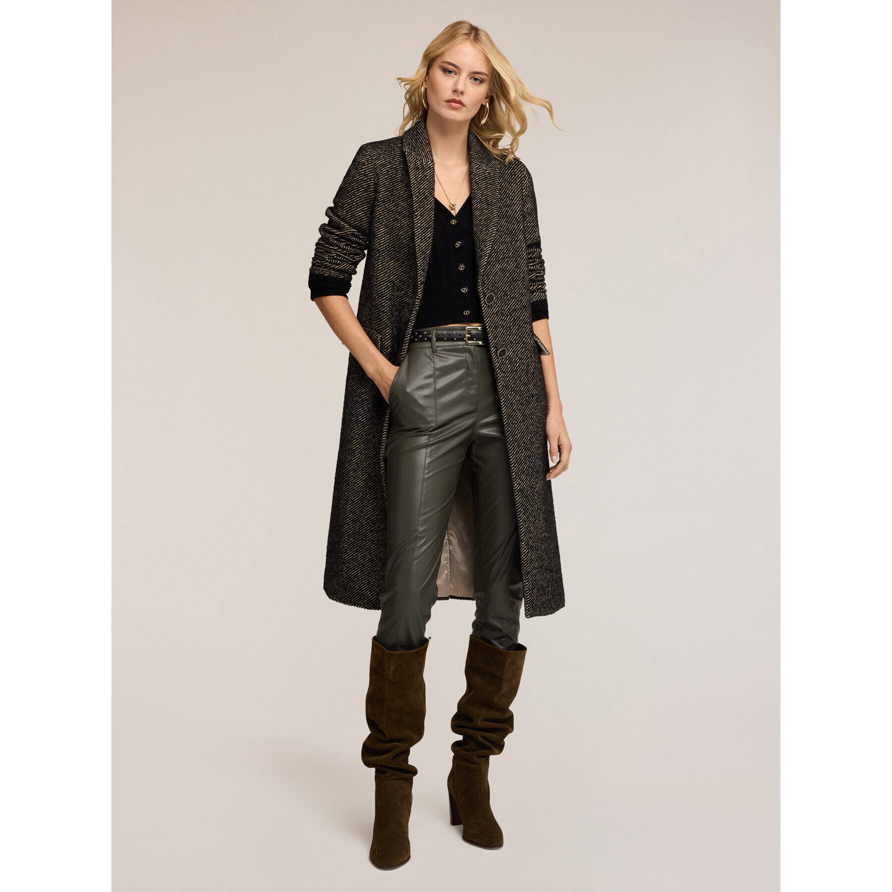 Motivi - Abrigo largo en tejido teñido en hilo - Negro