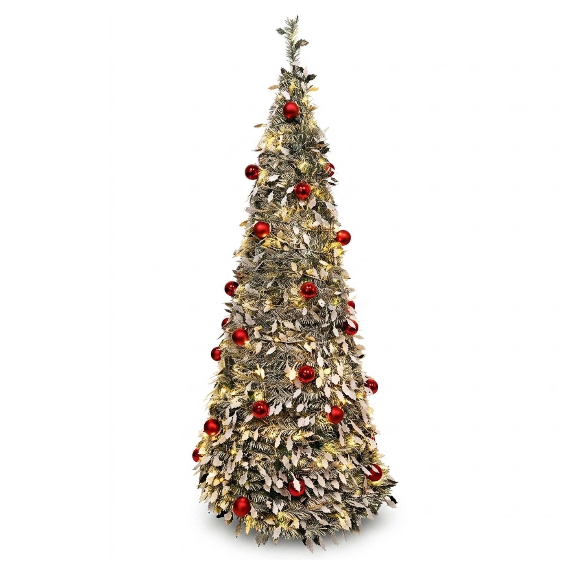 Árbol de navidad emergente con 150 leds blanco cálido y 36 bolas rojas, ø70x180 cm con 8 modos de iluminación
