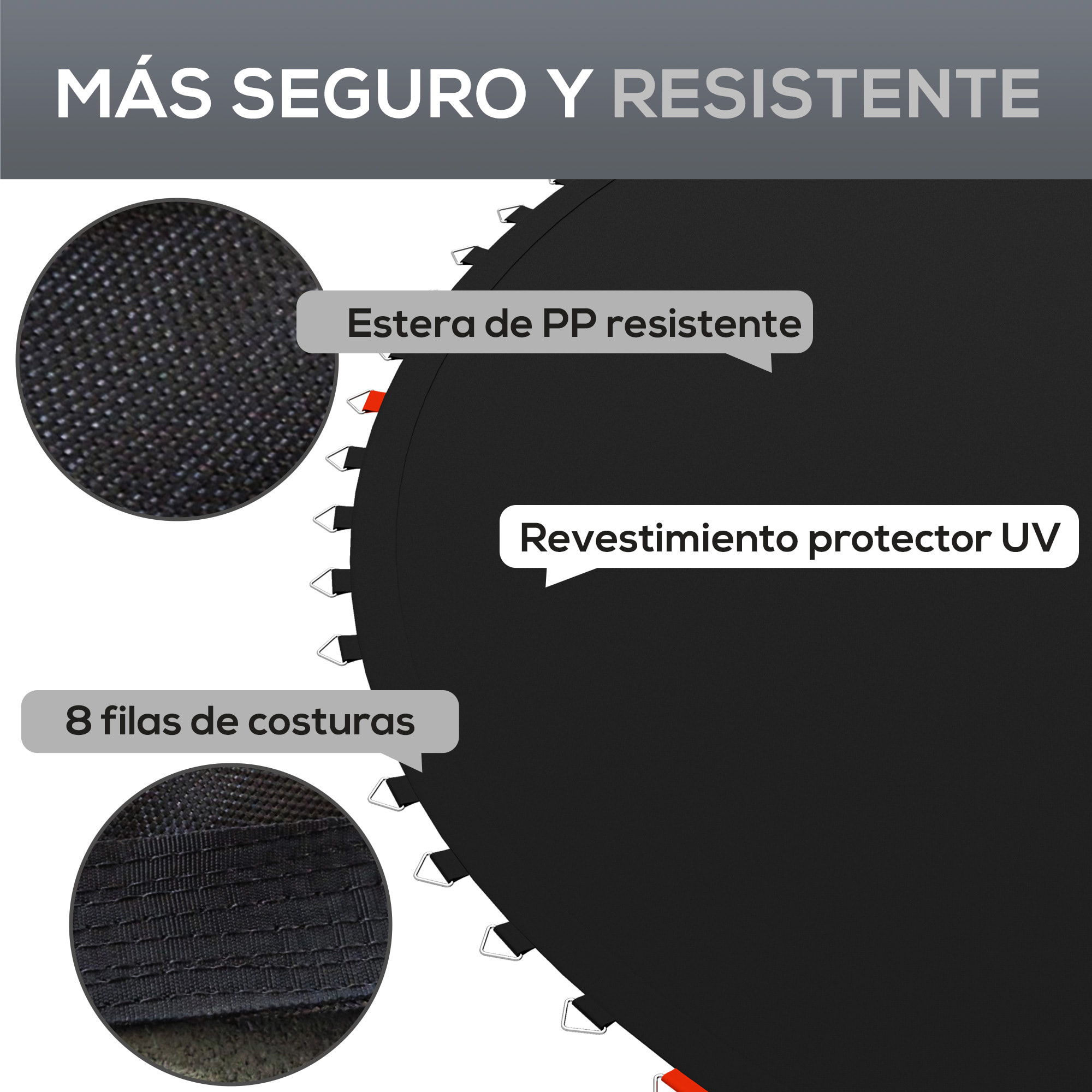 Tapete de Repuesto para Trampolín Redondo Ø202 cm Colchoneta para Trampolín de 8 Pies con 42 Ganchos en Forma de V Anti-UV y 8 Filas de Costuras Carga 120 kg Negro