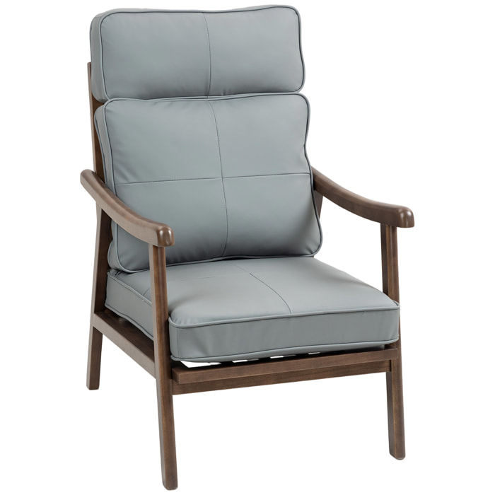 Butaca de Salón Sillón de Salón Tapizado en PU con Marco de Madera Cojines Acolchados Gruesos Respaldo Alto Carga 150 kg Sillón Lectura para Sala de Estar Dormitorio Gris y Madera Nogal