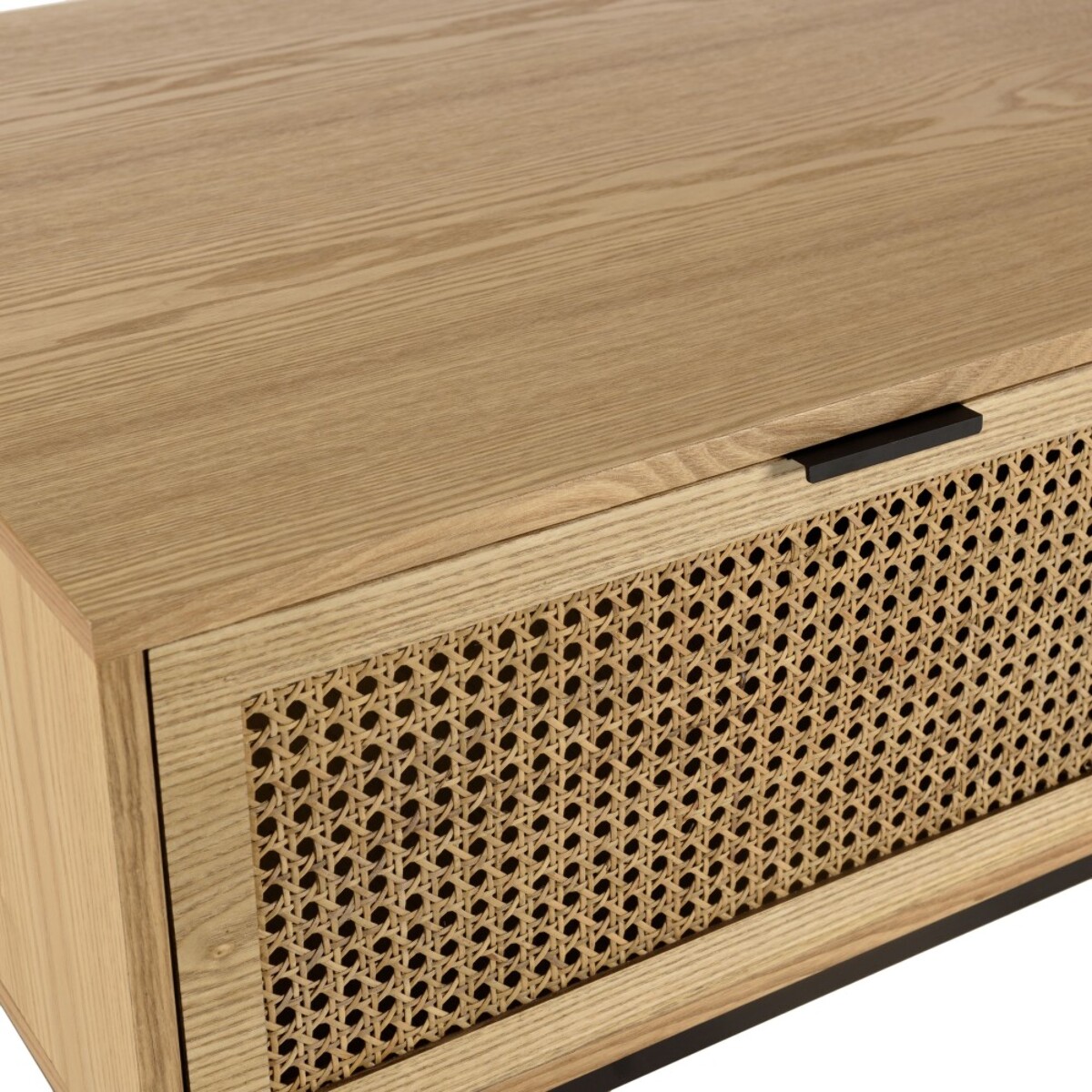 MARCEAU - Table basse 1 niche 2 tiroirs cannage naturel pieds métal noir
