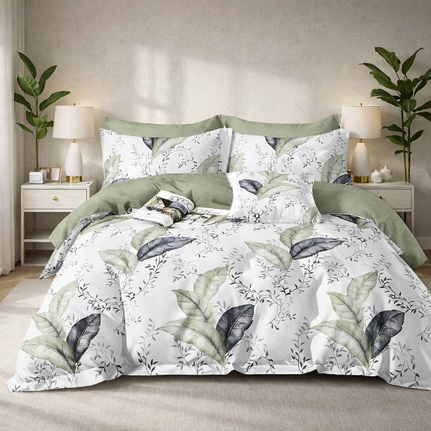 Parure housse de couette 240x220 cm 100% percale de coton - Sylmée imprimé feuillage vert