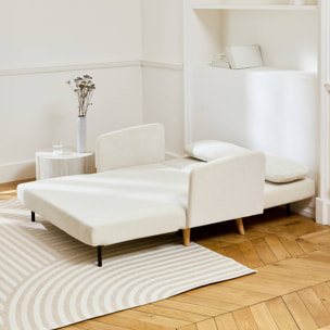 Canapé convertible 2 places scandinave velours côtelé blanc - Panam - pieds bois. banquette. dossier inclinable