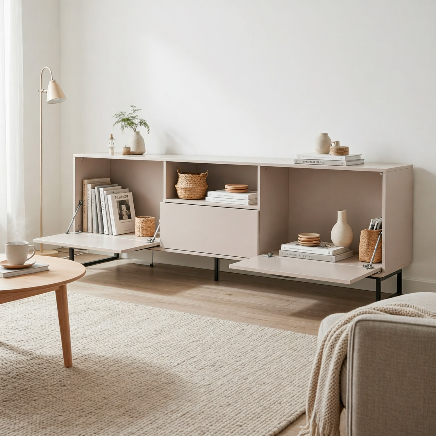 Mobile Porta TV Con 2 Ante A Ribalta 1 Cassetto E Vano a Giorno Design Moderno Piedini Slanciati Stile Nordico Industriale 179 x 60 x 40 Cm Cashmere