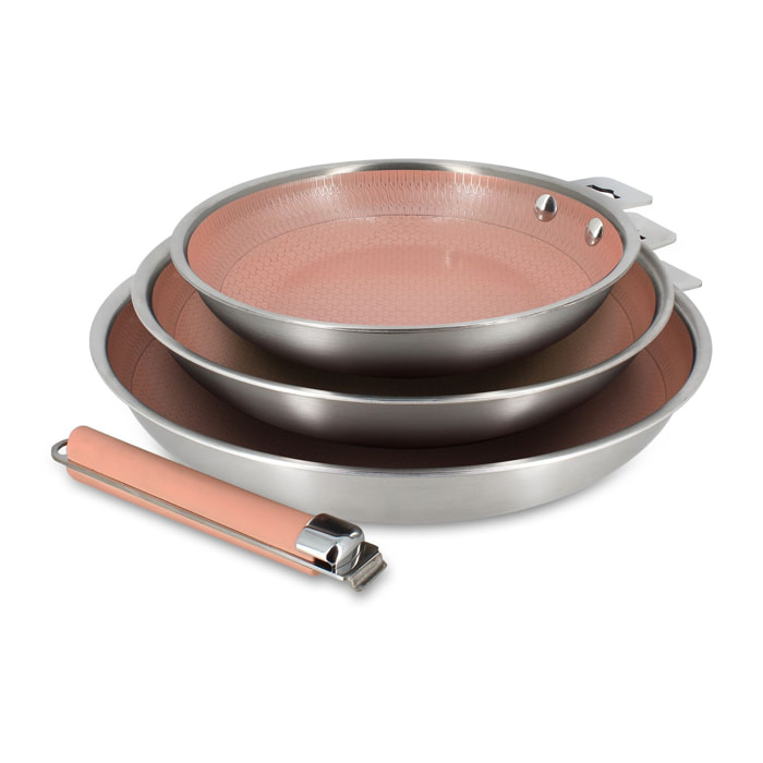 Set de 3 poêles en acier inoxydable et une poignée amovible rose AGLAE