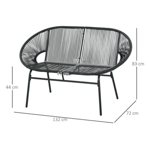 Banc de jardin 2 places design Acapulco 2 coussins métal résine filaire noir